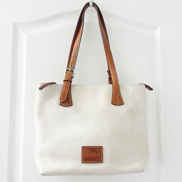 Dooney & Bourke Handbags - DOONEY & BOURKE Small Leather Tote/Shoulder Bag Ivory/Cognac Size 11.5”x9”